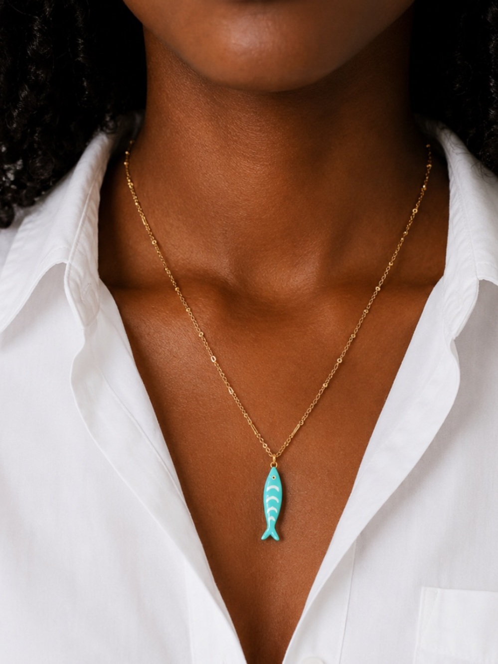 New! Coastal Turquoise Sardine Fish Gold Link Chain Necklace (4017) NWOT